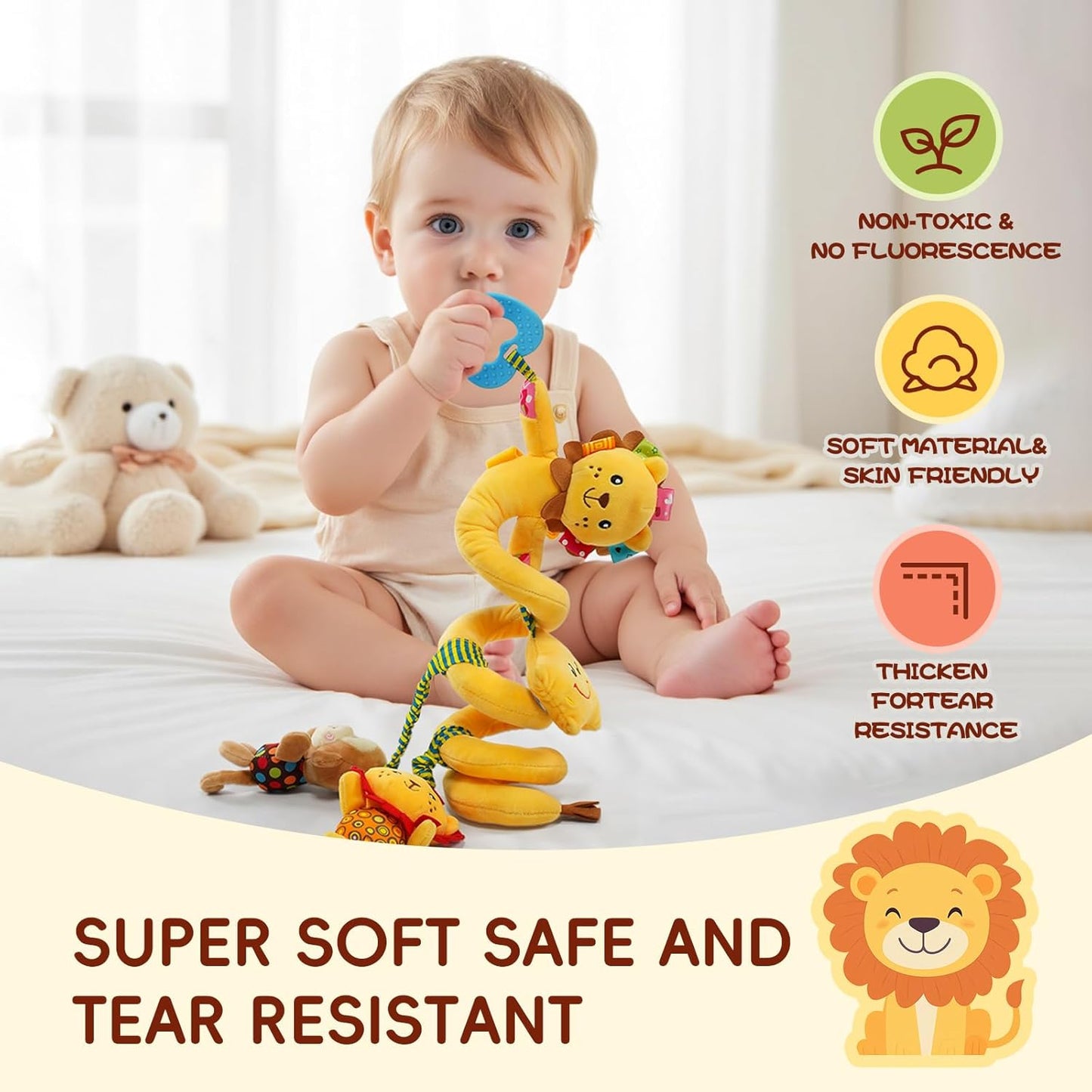 Jollybaby Crib Stroller Car Seat Toys for Baby 0-3-6-9-12 Months, Tummy Time Hanging Sensory Toys for Newborn with Music Box and Teether, Spiral Carseat Toy for Baby Boys Girls Gifts (07-Little Lion)