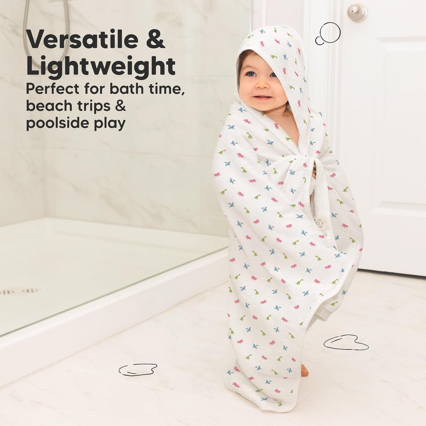 KeaBabies Muslin Baby Bath Towels with Hood for Girls, Boys -Large Organic Cotton Hooded Baby Towels for Newborns,Toddlers,Infant,Kids,Soft Absorbent Newborn Bath Essentials Gift Set(Roarsome, Petite)