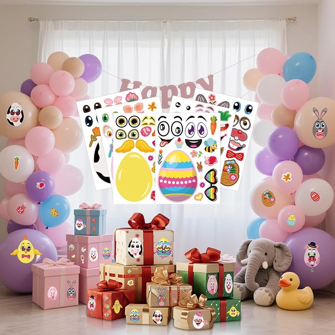 24 Sheets of Easter Stickers for Kids: 6 Unique Colorful Eggs Designs for