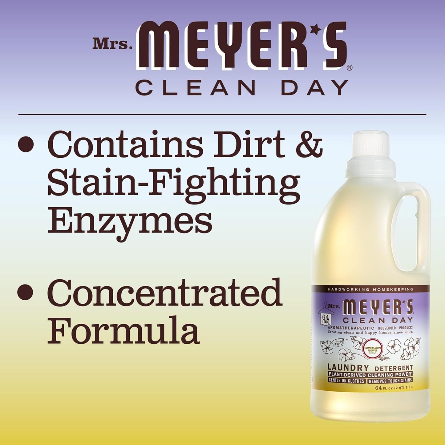 MRS. MEYER'S CLEAN DAY Liquid Laundry Detergent, Infused with Essential Oils, Compassion Flower, 64 oz (64 Loads)