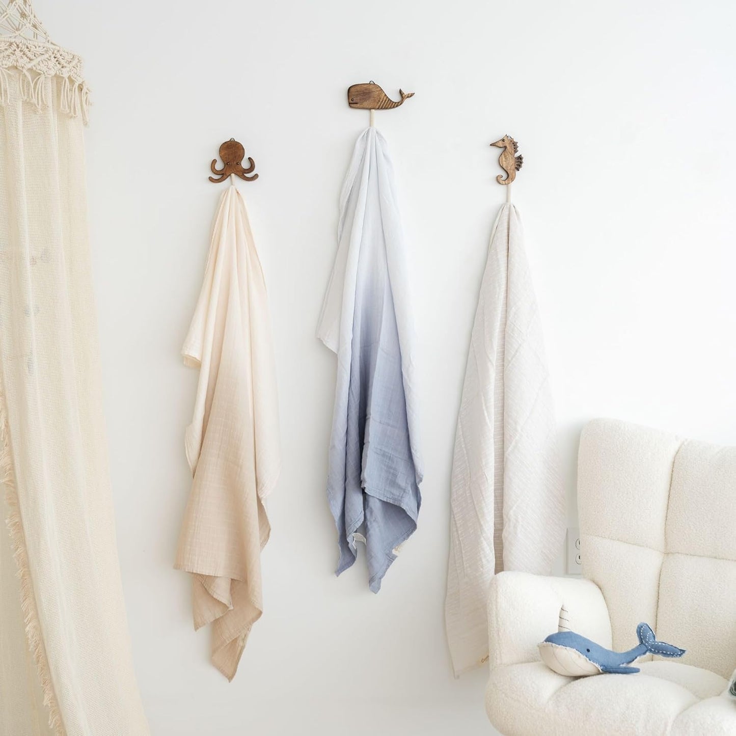 Crane Baby Sea Life Wooden Wall Hooks, Set of 4 Wood Wall Hooks, Ocean Nursery Decor, Wood Towel Hook, Kids Towel Hooks, Kids Coat Hooks, Kids Wall Hooks, Handmade Wooden Nursery Décor