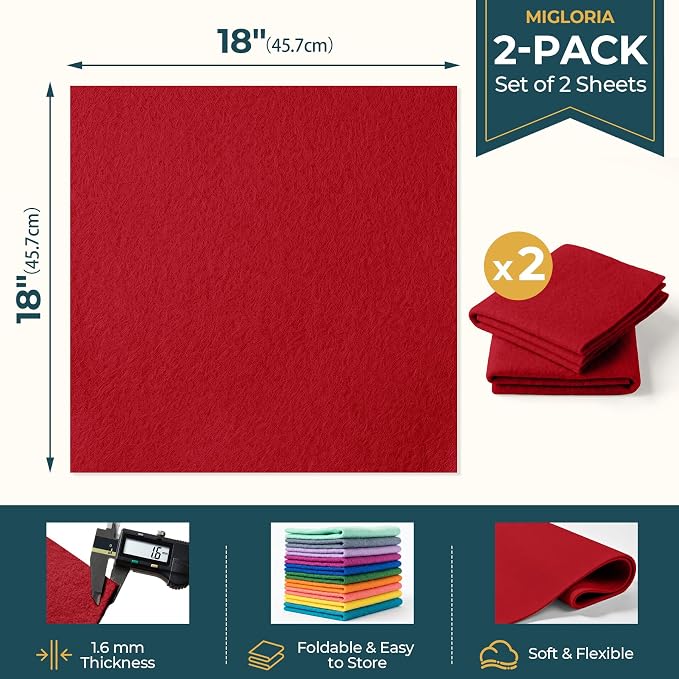 Felt Fabric Sheet 18 x 18 Inch, 1.6mm Thick | Soft and Flexible Nonwoven