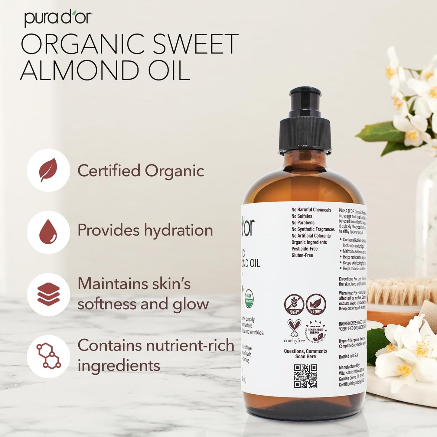 PURA D'OR 16.9 Oz ORGANIC Sweet Almond Oil (GLASS BOTTLE) 100% Pure & Natural USDA Certified Cold Pressed Carrier Oil For DIY Beauty - Non-Greasy, Unscented, Hexane Free Moisturizer - For Hair & Skin