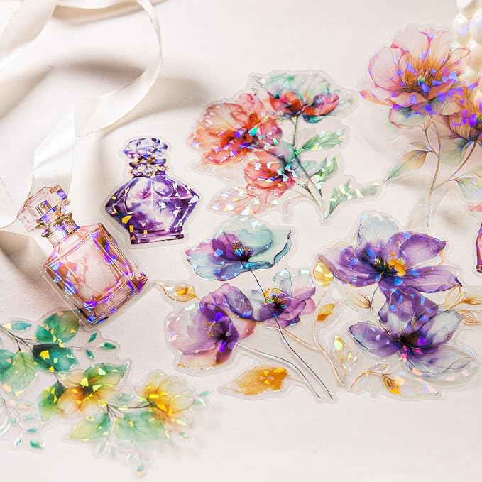 Yoksas 60 Pcs Large Holographic Shiny Flower Vase Scrapbooking Stickers
