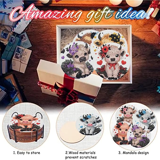 8 Pack Diamond Art Coasters, Highland Cow Diamond Painting Coasters Kits | Cow