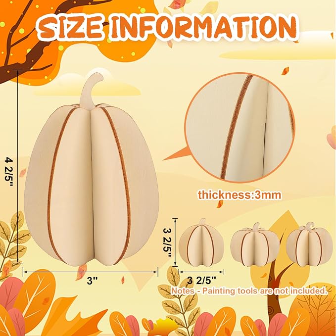 COCHIE DIY Fall 3D Pumpkins Wood Crafts to Paint, Paintable Unfinished Wooden