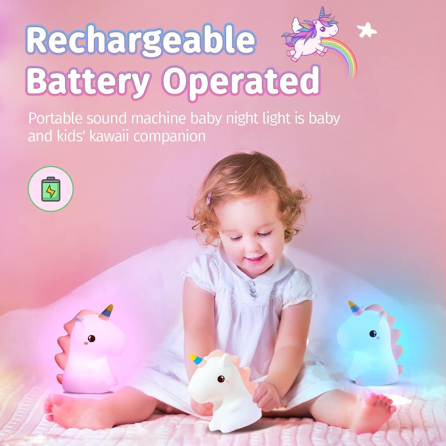 Unicorn Baby Sound Machine with Light, 16 Colors+Silicone Sleep Sound Machine for Kids Night Light, 10 White Noise Baby Night Light for Kids with Music, Remote+Timer+Rechargeable Nightlight [Gifts]