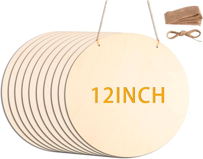 10Pcs 12 Inch Wood Circles for Crafts, Unfinished Wood Blank Wooden Door Hanger