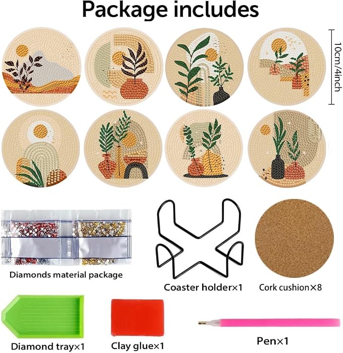 Clendo 8 Pcs Bohemian Style Diamond Painting Coasters Kits