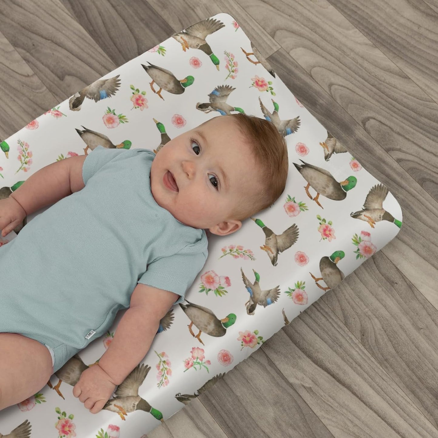 Mallard Ducks Boho Floral Changing Pad Covers for Baby Girl Boy Green Duck Spring Fitted Change Table Cover Mats Wild Duck Hunting Soft Diaper Changing Table Sheets 32''×16''