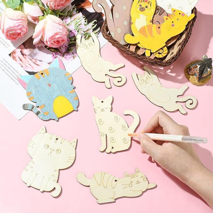 40 pcs Mixed Styles Lovely Cat Theme Unfinished Wood Cutout Charms Kitten Pet