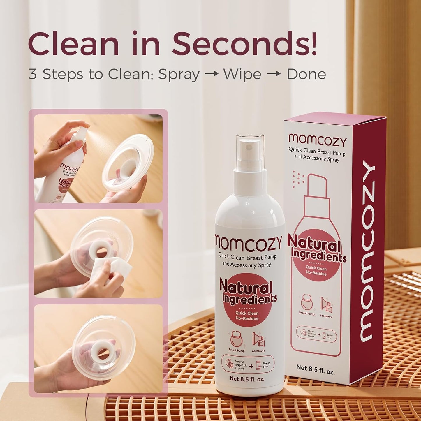 Momcozy Portable Breast Pump Cleaning Spray, Effective Milk Fat Removal & Residue-Free, Natural Grapefruit Scent, Pump Spray for Breast Pump or Accessories, and Other Baby Products, 8.5 Fl Oz