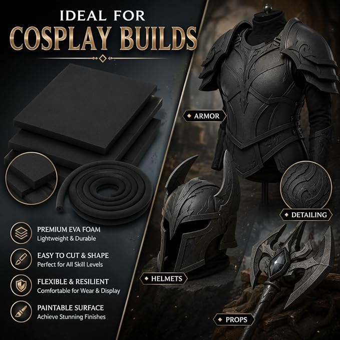 3-Piece EVA Cosplay Foam Kit, Includes 2 Black EVA Foam Sheets and 15mm x 2m