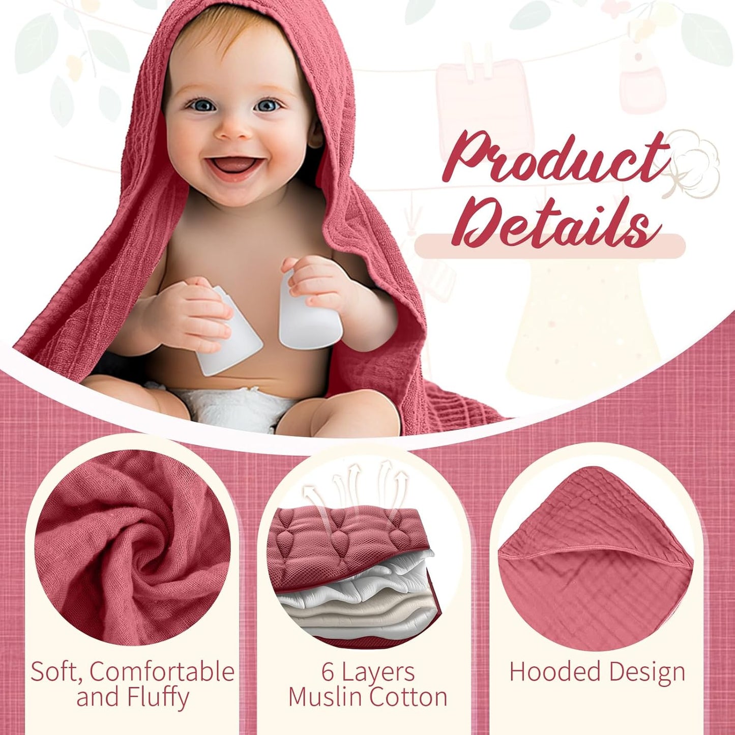 VitalCozy 8 Pcs Baby Muslin Hooded Bath Towels and Washcloths, 32 x 32 Inch Muslin Cotton Hooded Baby Towels Absorbent Blankets for Gift Newborn Infant Shower (Vivid Color)