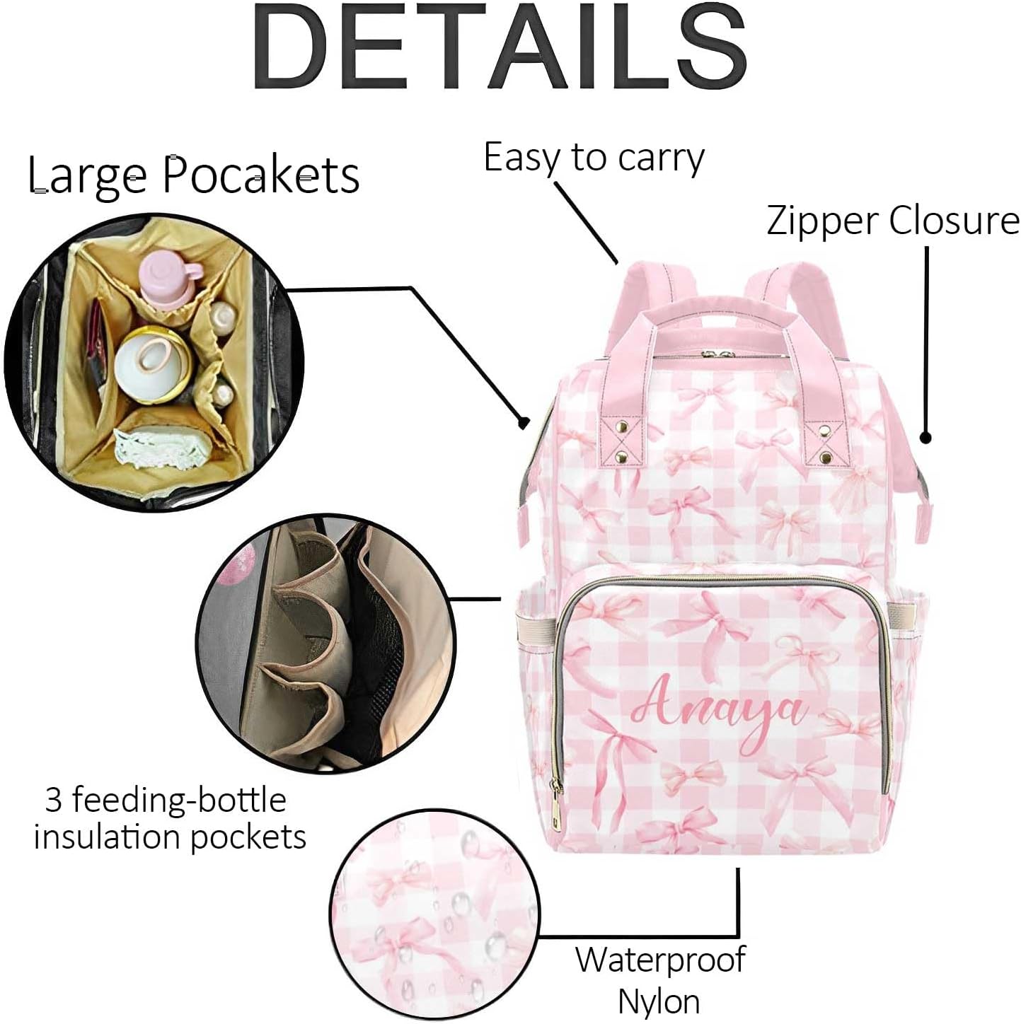 Custom Diaper Bag Backpack for Women, Personalized Name Nursing Mommy Daypack, Pink Bow Diaper Bag for Baby Girls, New Mom Gifts