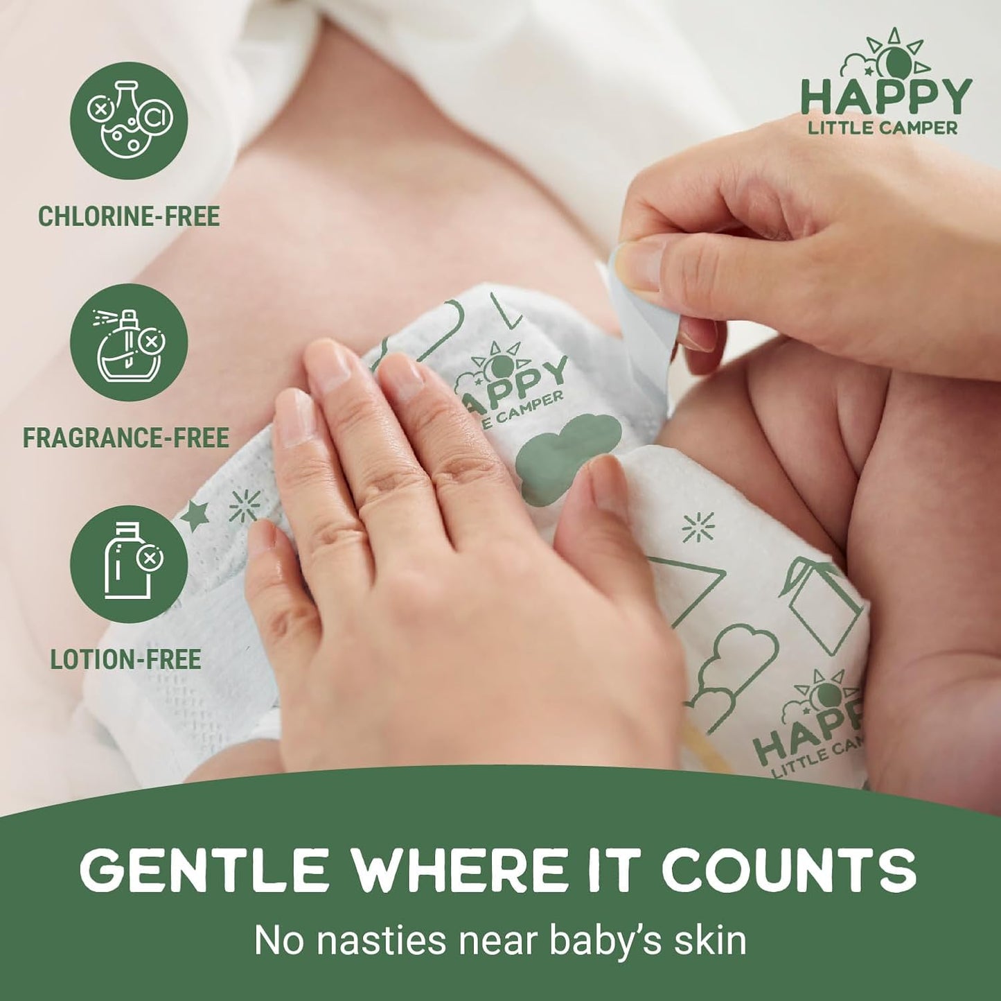 Happy Little Camper Super Saver Diapers, Size 1, 100 Count | Budget-Friendly Disposable Baby Diapers for Sensitive Skin | Hypoallergenic, Fragrance-Free, Ultra Absorbent