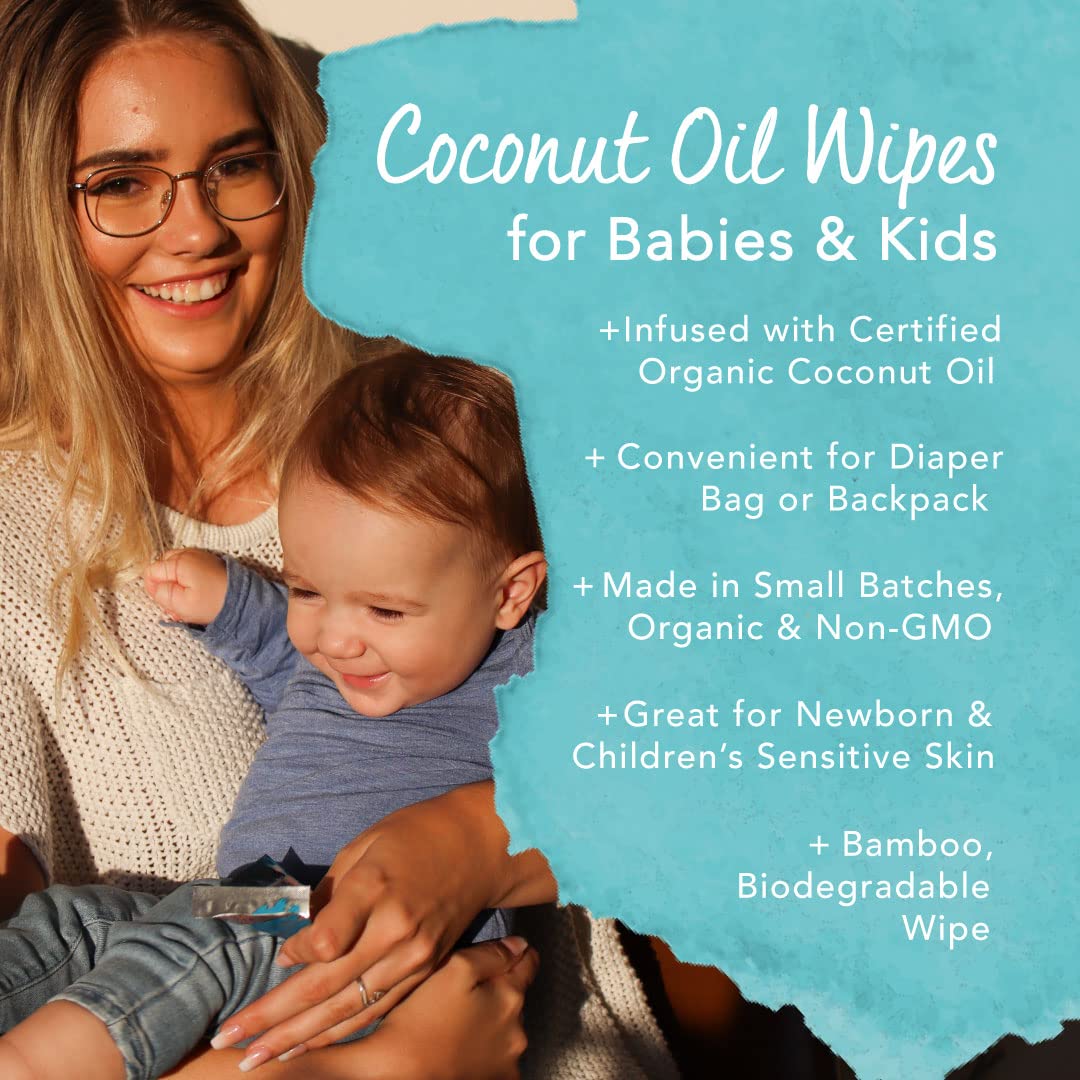 Coconut Oil Wipes For Babies and Children - Oil Moisturizing Wipes for Diaper Rashes, Eczema, Cradle Cap, Infused with Cold-Pressed, Raw Coconut Oil, Conscious Coconut