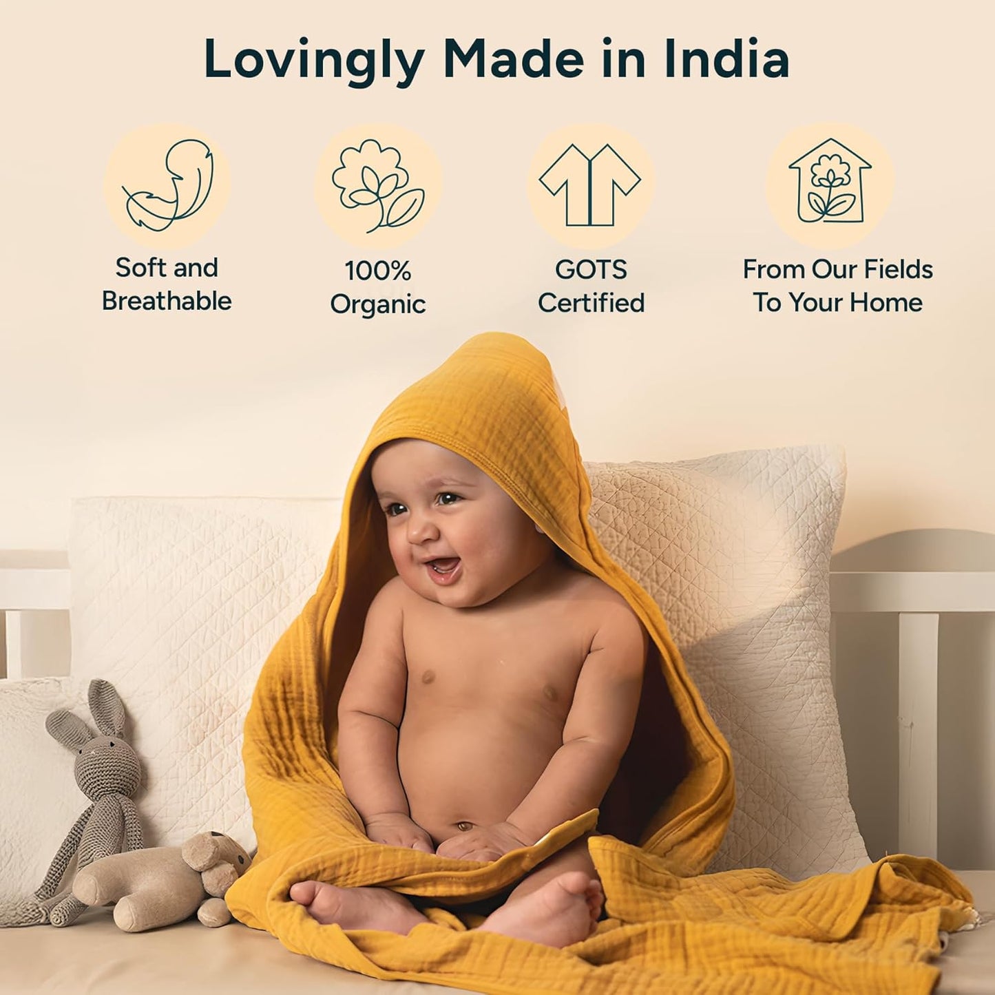 Hooded Towel - 100% Organic Premium Muslin Cotton, 30" x 30", Ultra-Absorbent, Soft, Breathable, Hypoallergenic, Multipurpose, Gifts for Babies & Infants, Pack of 2