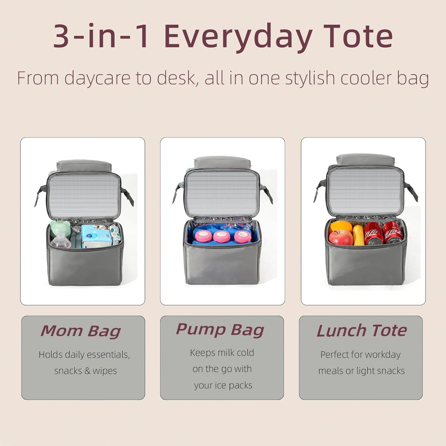 Insulated Bottle Cooler Bag, Holds 6×9oz, 18L Large 2-n-1 Backpack Lunch Bag for Nursing, Work, Daycare (Gray)