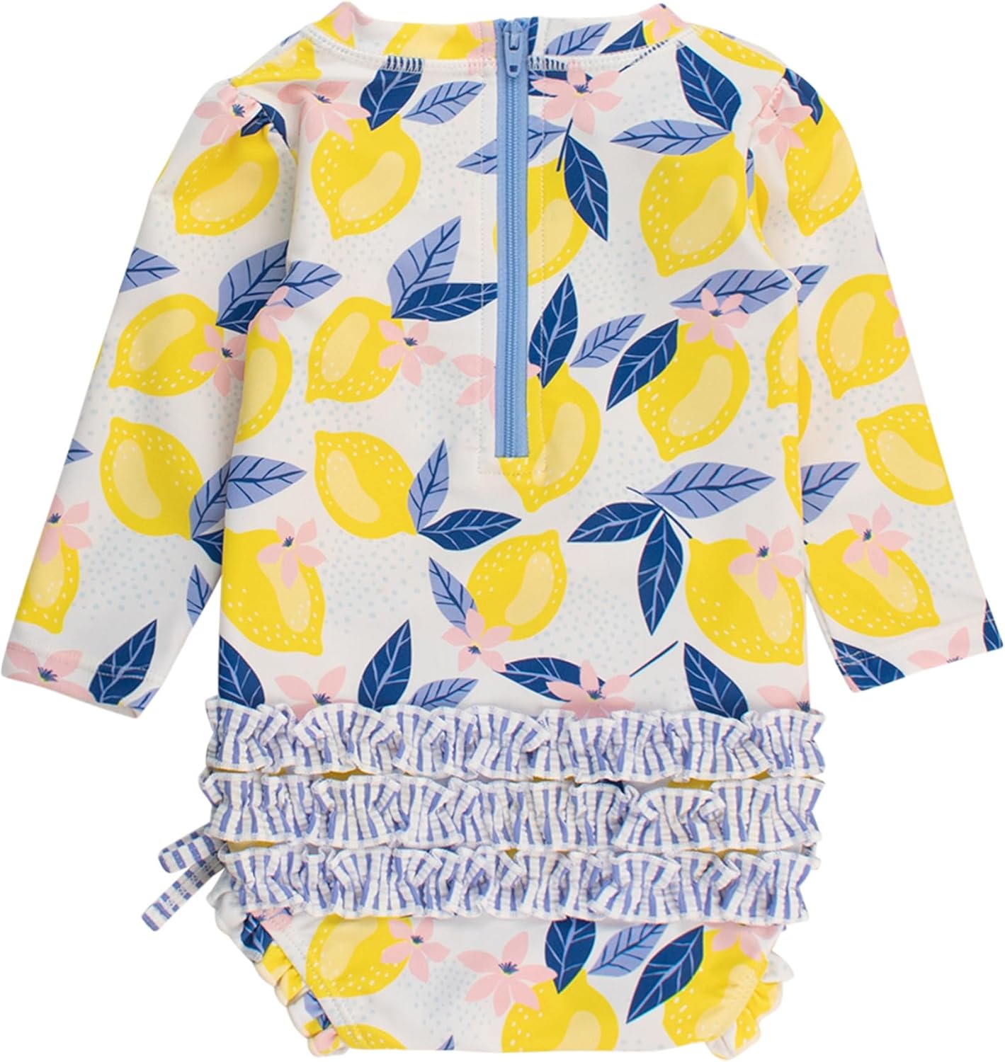 RuffleButts Baby Girls UPF 50+ Sun Protection Novelty Print Long Sleeve One Piece Rash Guard Swimsuit with Zipper