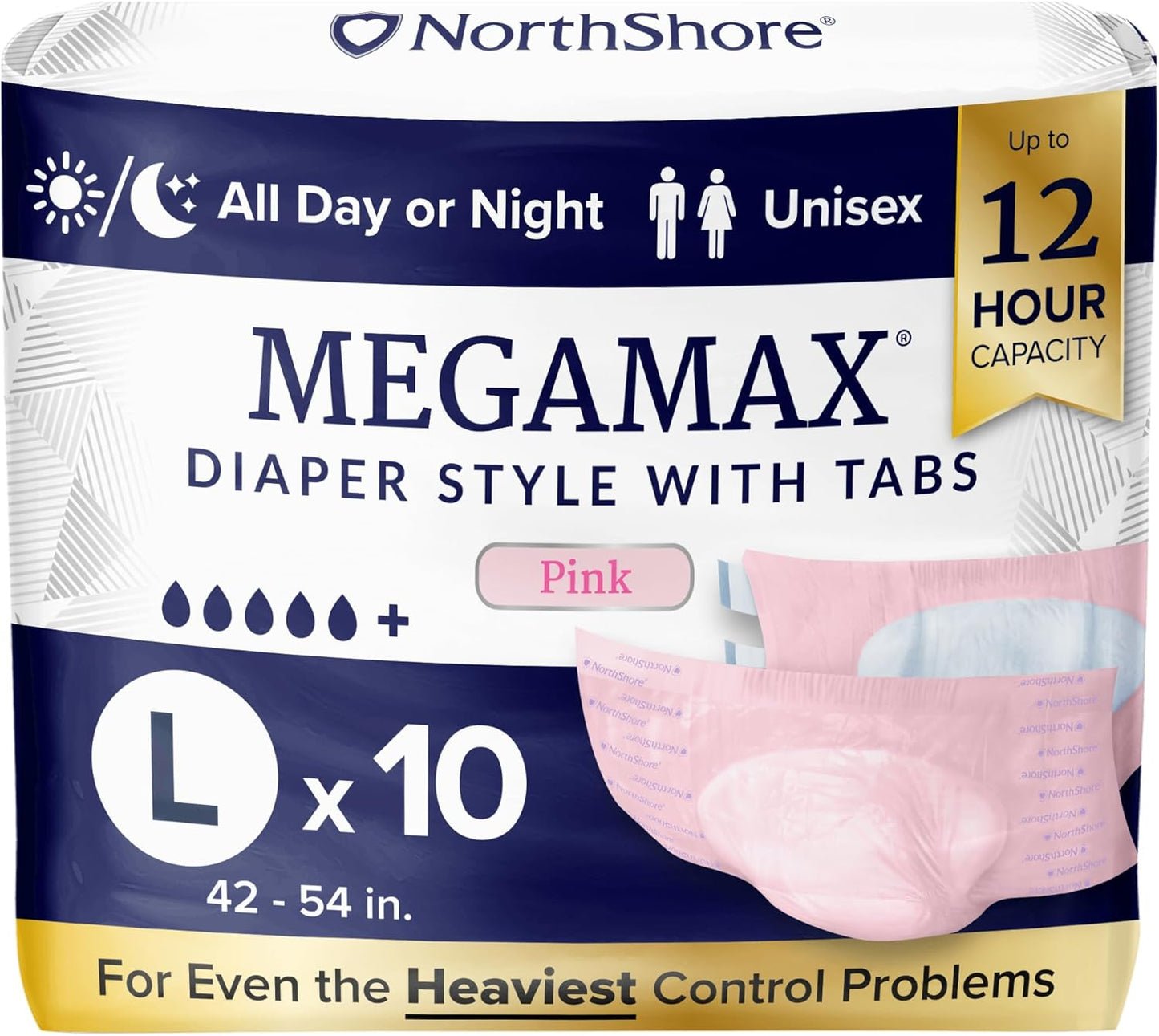 NorthShore MegaMax Adult Overnight Diapers, 12-Hour Tab-Style, Large, 10 Count Bag, Pink, 42-54 inches, Unisex Incontinence Underwear