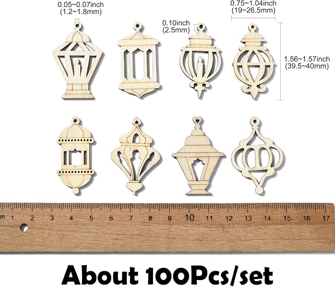 200 pcs Mixed Styles Hollow Lantern Theme Undyed Wood Cutout Charms Pyrography