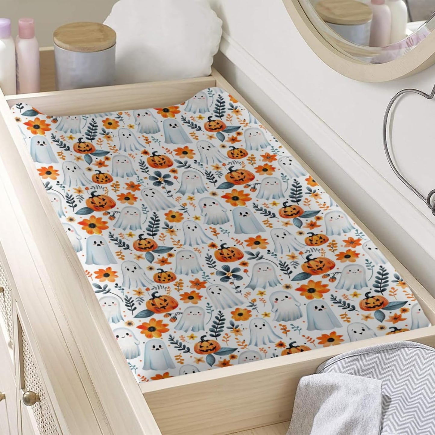 Halloween Pumpkin Flowers Floral Pattern Baby Changing Pad Cover, Unisex Fall Winter Holiday Nursery Diaper Changing Table Pad Mat Sheet for Boys Girls-16x32