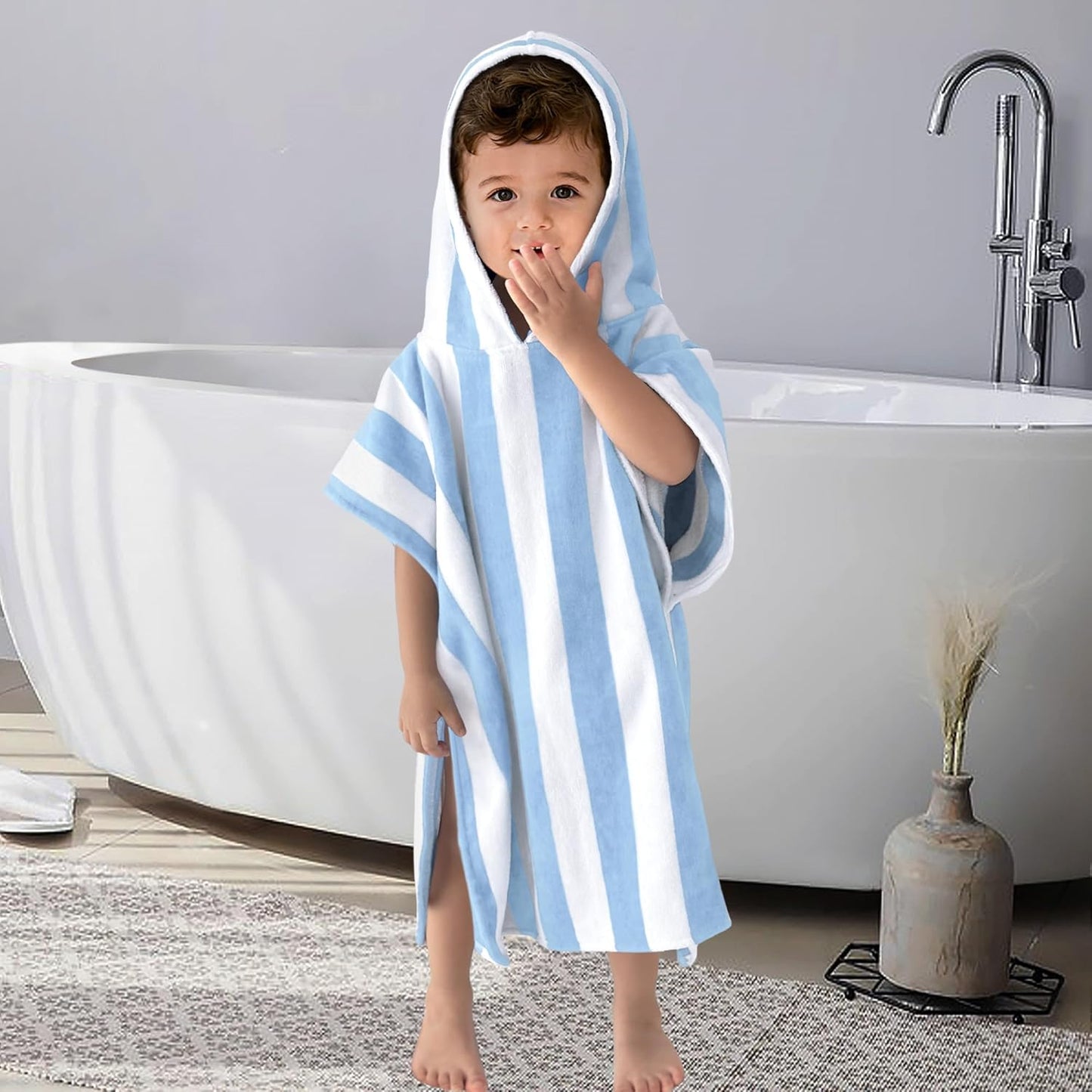 Toddler Poncho Towels with Hood, Oversized (2-4Years,22"X22") Made from 100% Soft Cotton,Absorbent Hooded Towels for Baby Boys,Perfect for Pool | Swimming | Bath | Beach,Light Blue Stripe