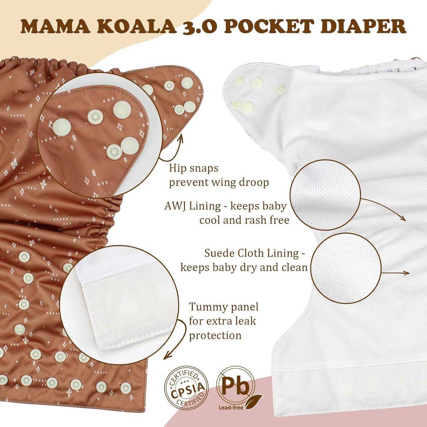 Mama Koala 3.0 Pocket Cloth Diapers for Babies with AWJ Lining, 6 Pack with 6 4-Layer Natural Cloth Diaper Inserts - Reusable and Washable Pocket Diapers (Black and White)