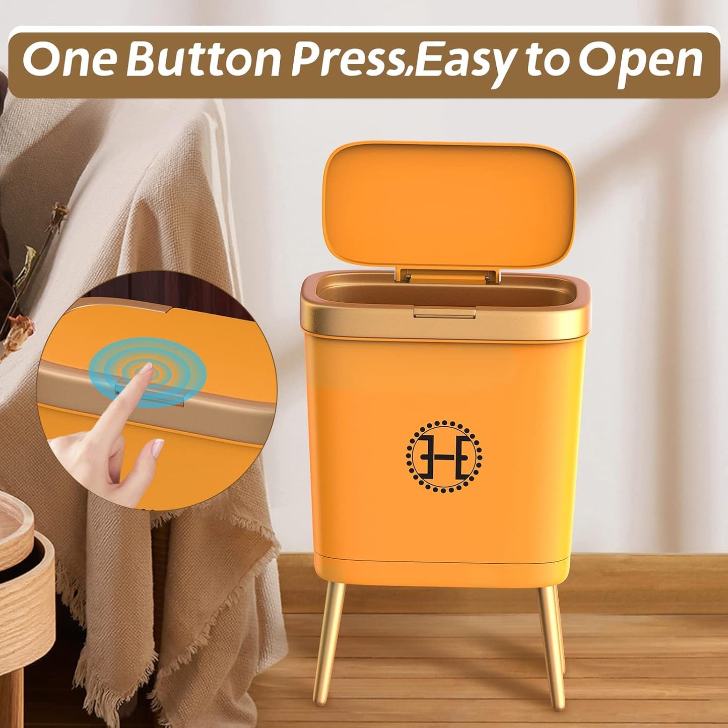 Bedroom Trash Can with Lid,Slim Bathroom Trash Cans with Lids, Dog Proof Trash Bin with Press Top Lid,Modern Gold Trash Can Plastic Waste Basket for Living Room, Office,Kitchen, 4 Gal-Orange