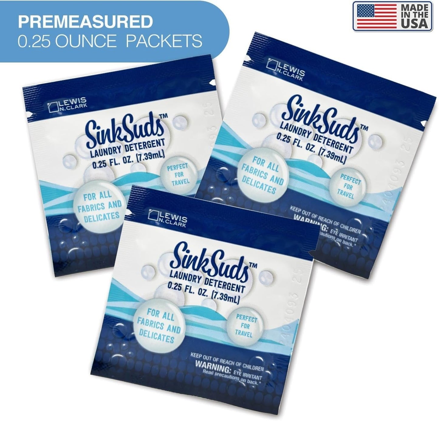 SinkSuds Travel Laundry Detergent Liquid Soap + Odor Eliminator for All Fabrics Including Delicates, Sink-Packets, 0.25 Fl Oz (Pack of 16)