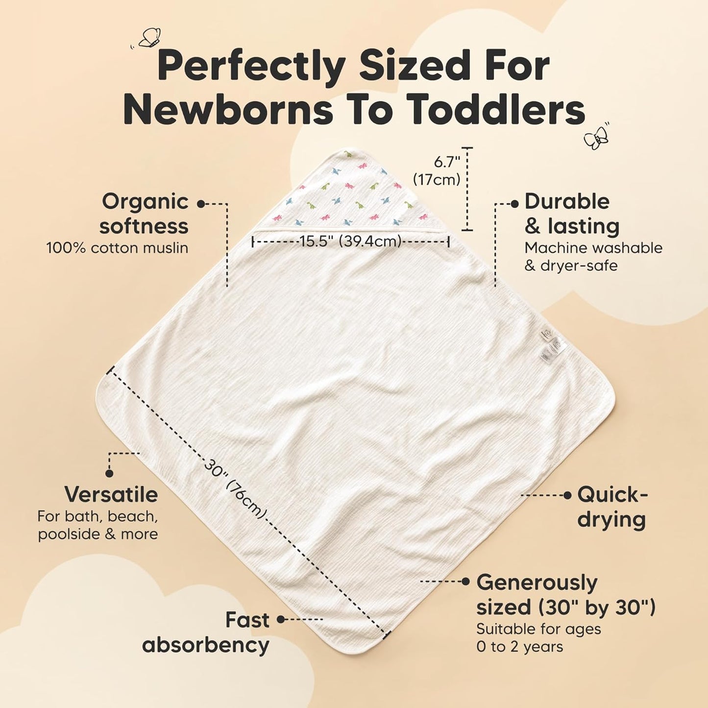 KeaBabies Muslin Baby Bath Towels with Hood for Girls, Boys -Large Organic Cotton Hooded Baby Towels for Newborns,Toddlers,Infant,Kids,Soft Absorbent Newborn Bath Essentials Gift Set(Roarsome, Petite)