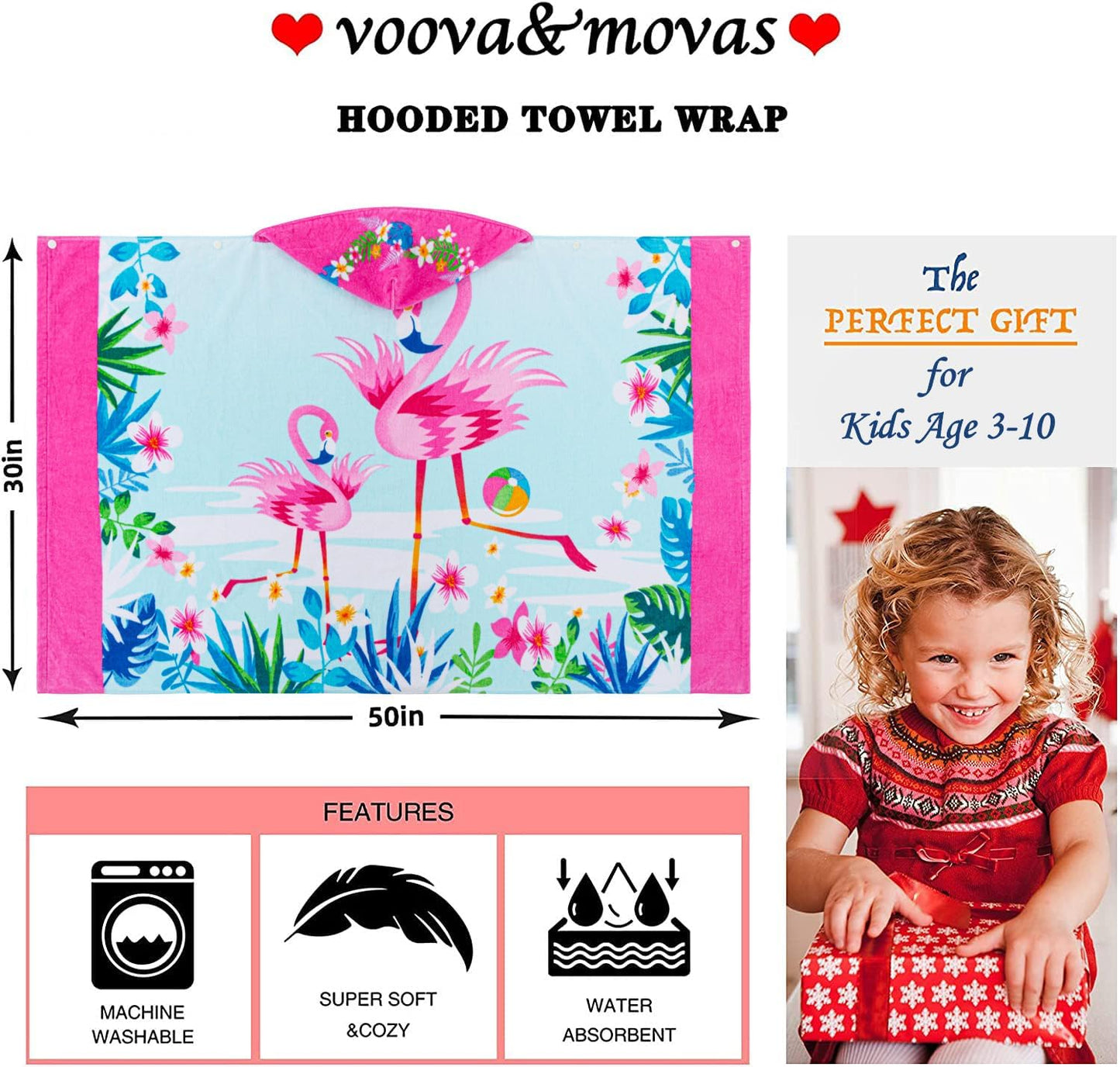 VOOVA & MOVAS Flamingo Hooded Towels for Girls Age 3-10, 30''X50, Soft | Thick |100% Cotton | Absorbent Wrap Towel, Perfect for Beach, Pool, Bath, Swim, Tropical Flamingo