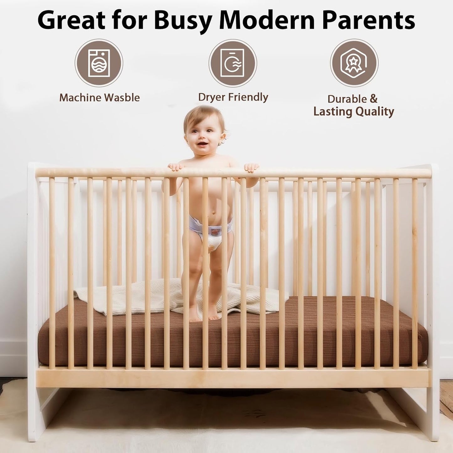 2 Pack Soft Muslin Baby Crib Sheets, 100% Cotton Breathable Double Layer Fitted Sheets for Standard Crib and Toddler Bed Mattresses 28x52 Inches, for Baby Girls and Boys (Brown & Rainbow