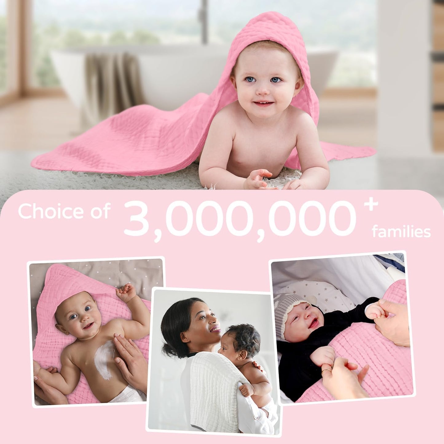 Yoofoss Hooded Baby Towels for Newborn 2 Pack 100% Muslin Organic Cotton Baby Bath Towel with Hood for Babies, Infant, Toddler and Kids, 32x32Inch, Soft and Absorbent Newborn Essential,White and Pink