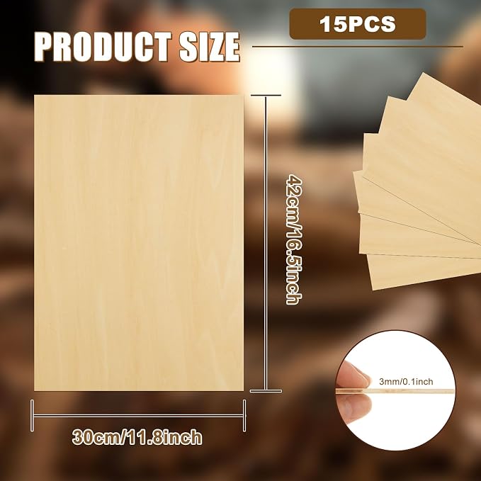 15 Pack Basswood Sheets 1/8 x 12 x 16 Inch, 3mm Plywood Sheets