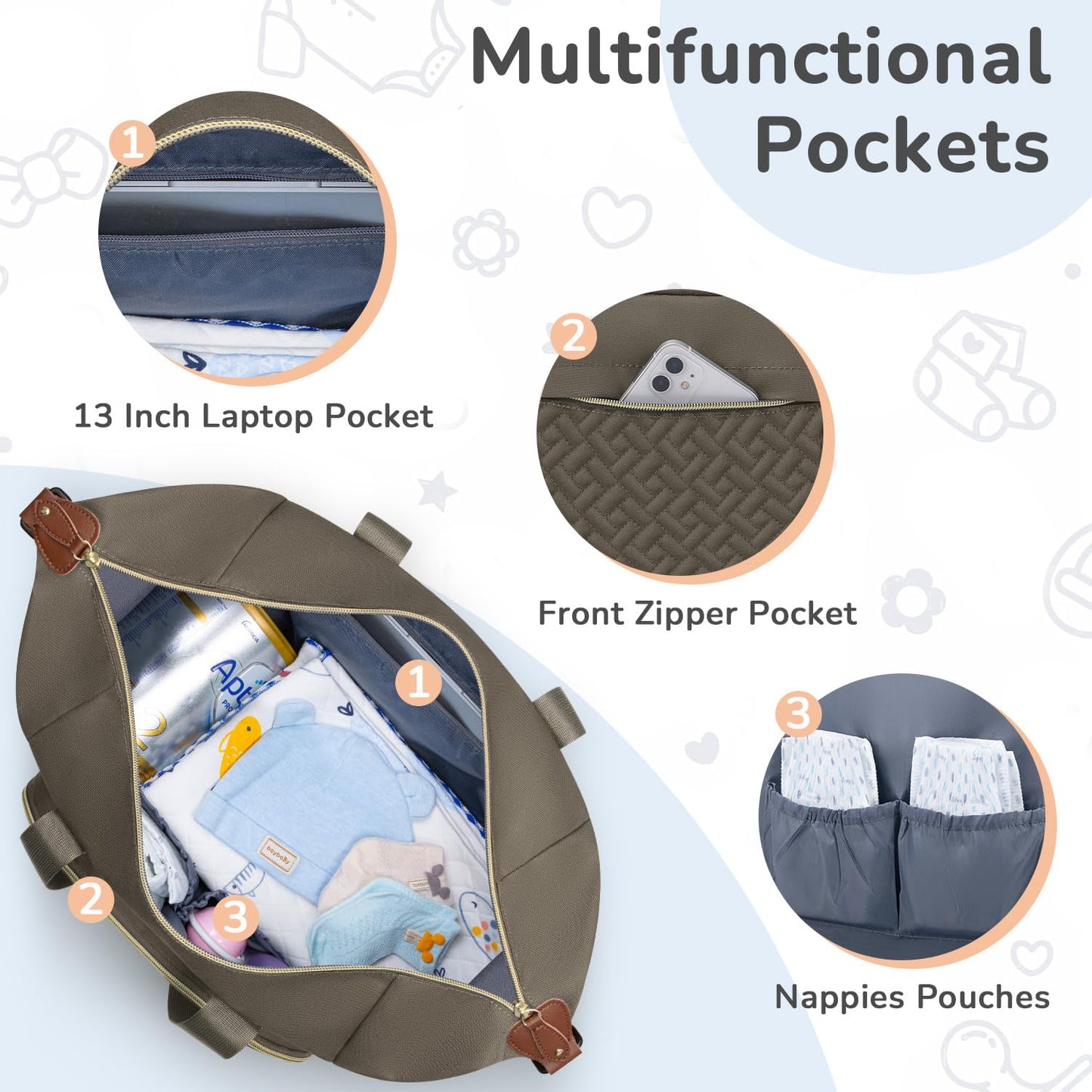 Diaper Bag Tote, Baby Bag Travel Diaper Tote Bag with Pacifier Case, Cute Maternity Hospital Baby Stylish Diaper Tote for Mom Dad Medium Size, Khaki