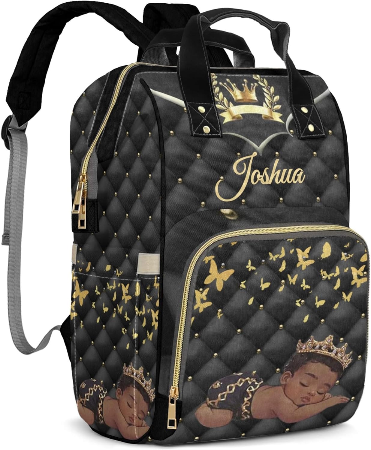 Large Capacity Personalized Diaper Bag Custom Baby Bag for Boys with Name Multi-function Shoulders for Newborn Baby Boy, Crown Customized Nappy Backpack with Thermal Pockets, Black