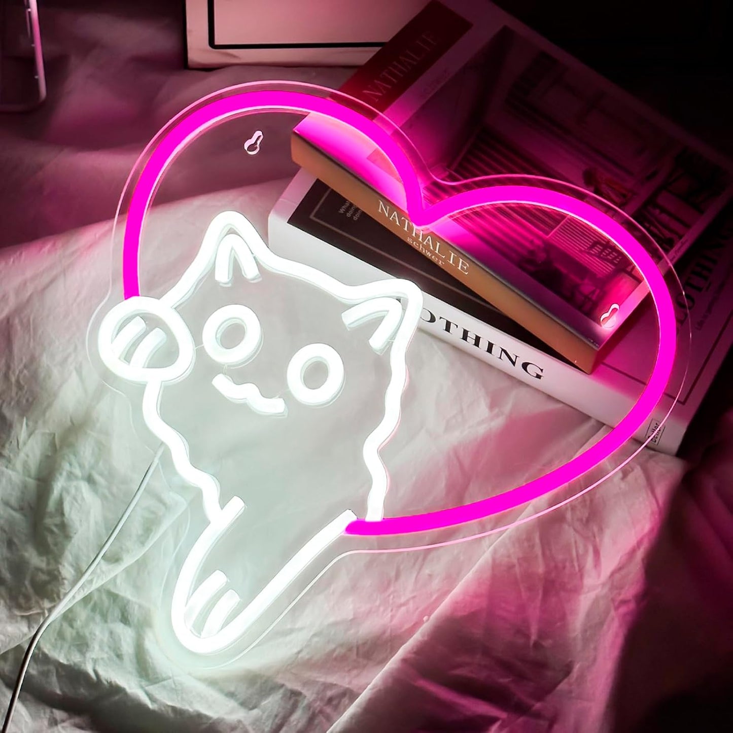 Cat Neon Sign – Cute Pink Heart Cat LED Lights, Dimmable Animal Neon Wall Decor, Cat Lover Gift, Bedroom Wall Art, Living Room, Game Room, Pet Shop, Kawaii Home Accent(12.91 × 13.11 in)