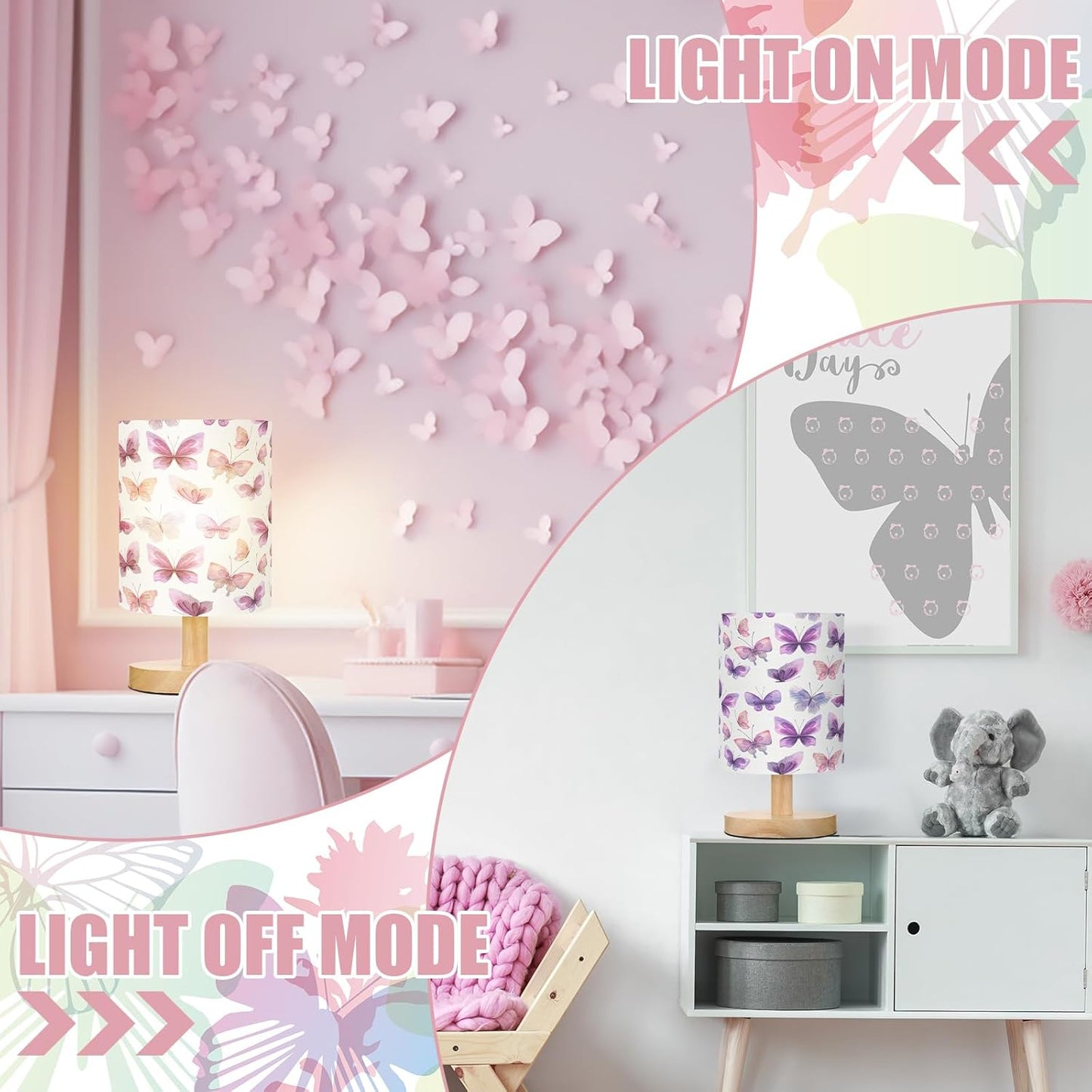 VIHOSE Butterfly Kids Table Lamp for Bedroom Kids Bedside Lamp with Linen Wooden Nightstand Cartoon Nursery Lampshade for Girls Boys Living Room