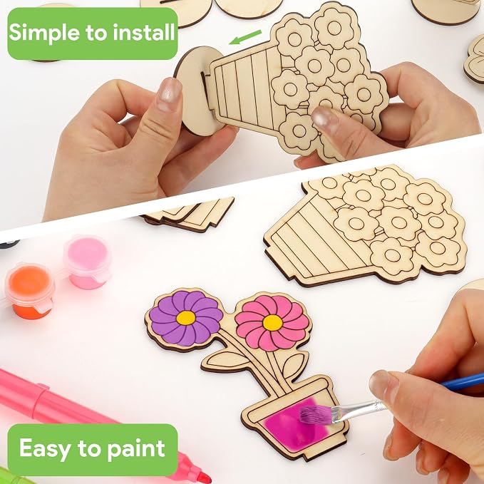 24 PCS Wooden Flower Crafts to Paint, Unfinished Wooden Flowers Spring Slices