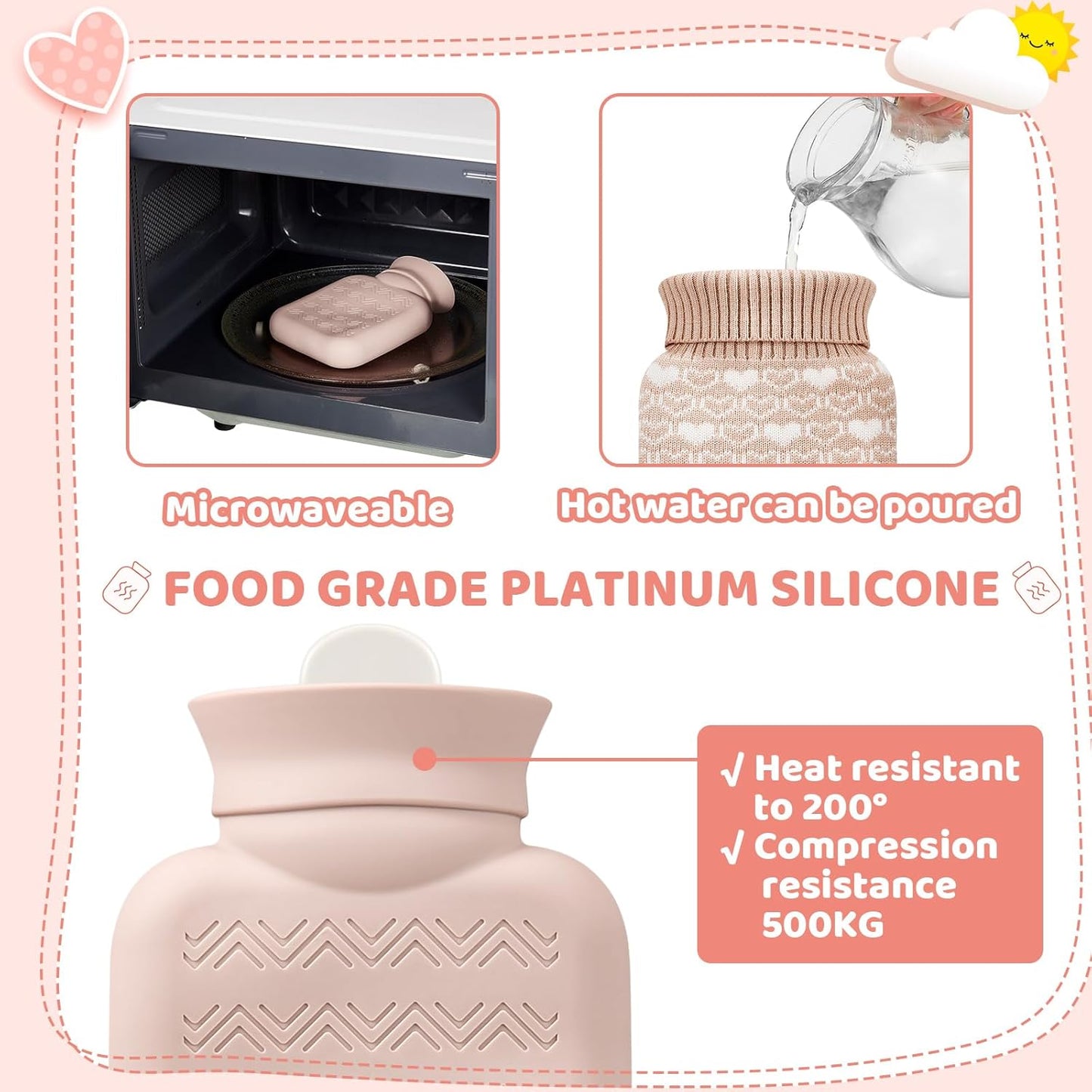 Amylove Mini Hot Water Bottle 320ml for Hot & Cold Compress with Cover Silicone Microwave Heating Small Water Bag for Travel Pain Relief Holiday Gifts(Beige)