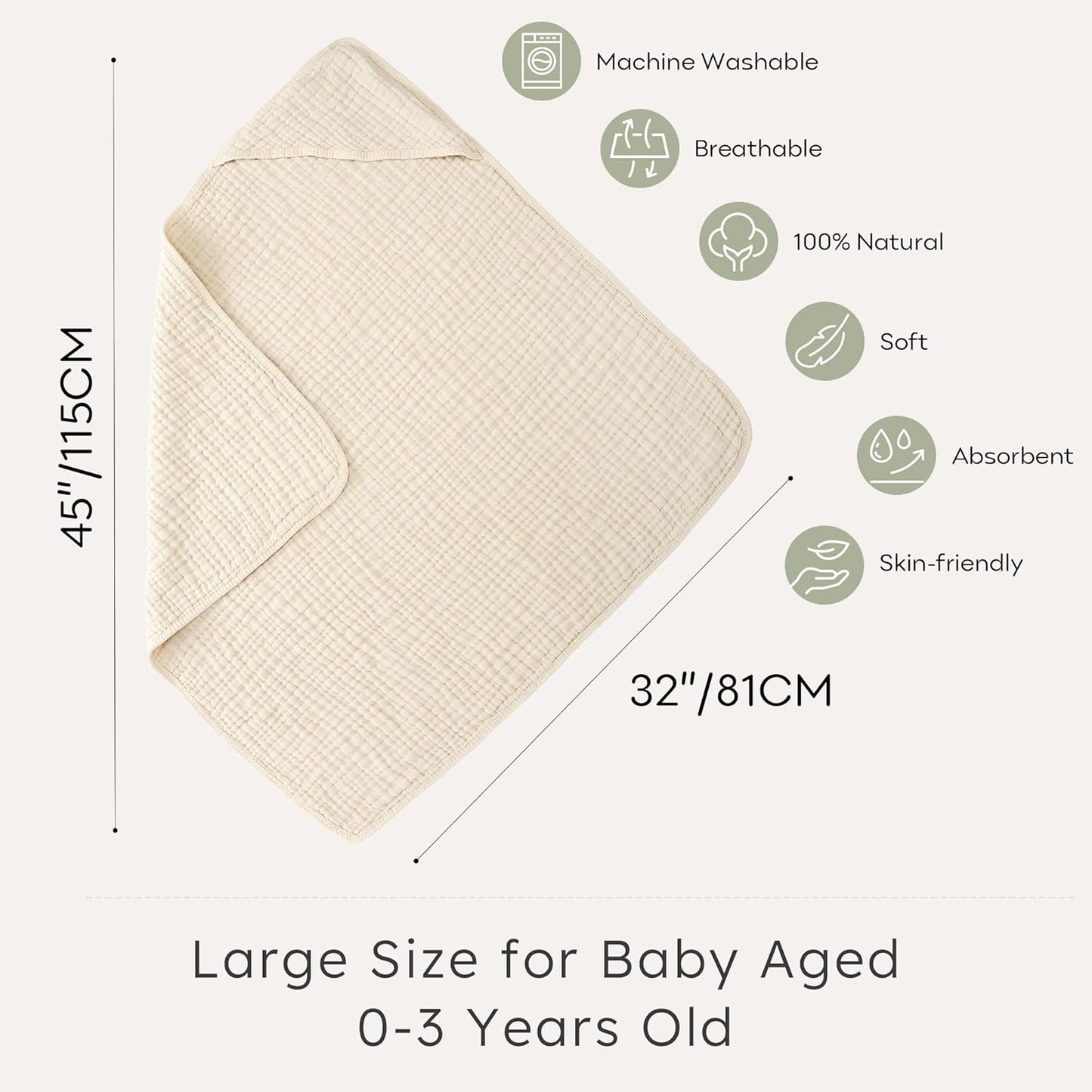 Looxii Baby Bath Towels 2 Pack Muslin Hooded Baby Towels for Newborn and Infants, 100% Cotton, Large 32x32Inch, Soft and Absorbent Beige+Green