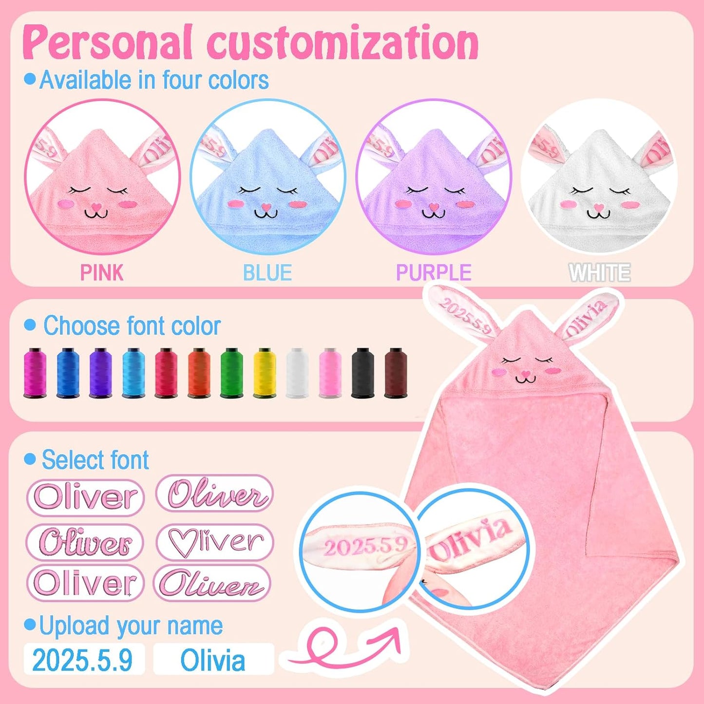 Custom Hooded Bath Towel with Name, Personalized Highly Absorbent Bunny Towels, Baby Bath Towels for Girls Boys, Brithday for Baby, Toddler, Newborn (Pink-Bunny)