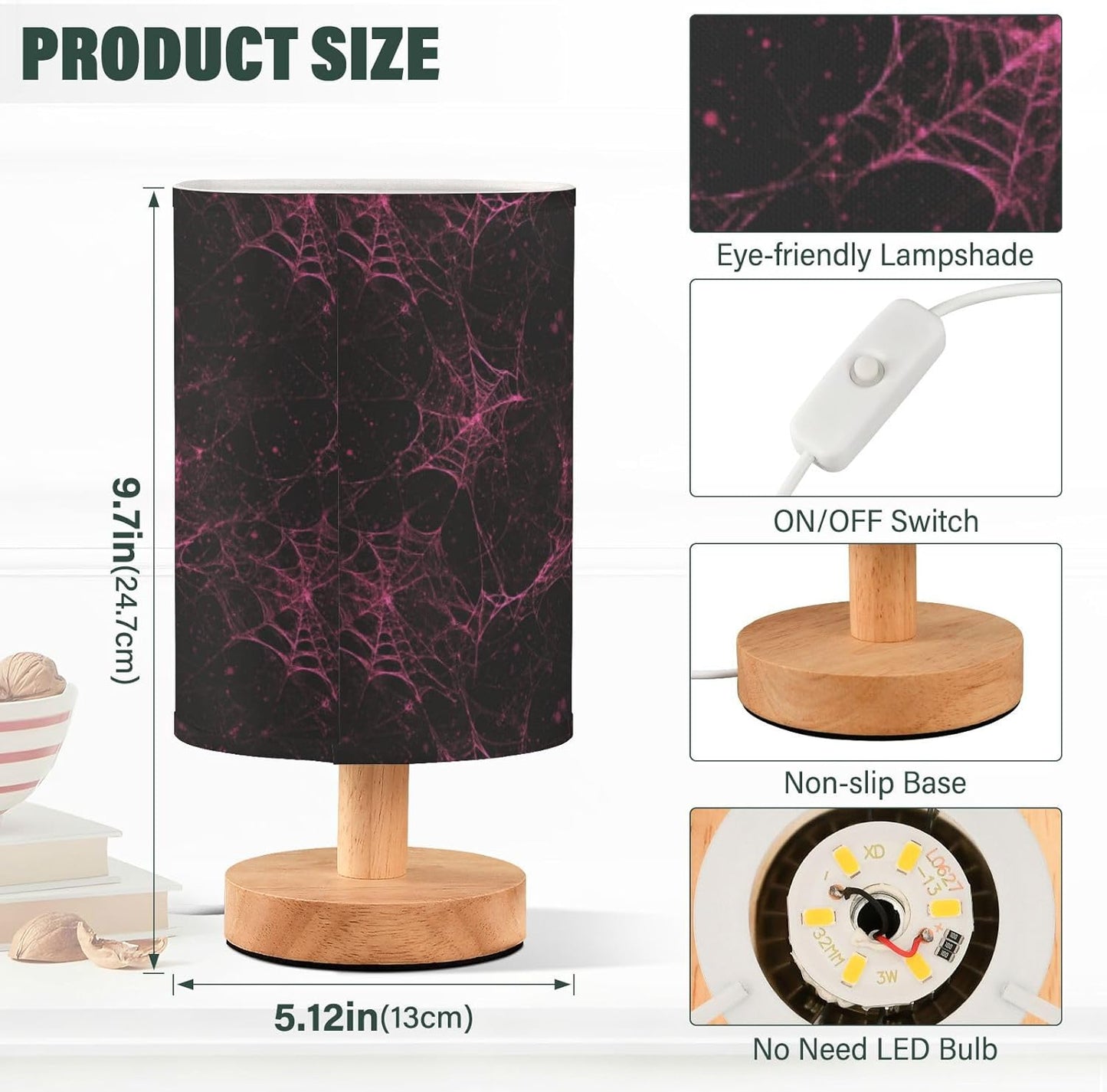 Halloween Pink Red Cobweb Table Lamp Bedroom Bedside Night Reading Desk Lamps Cylinder Nightstand Sleeping Light Lamp for Kids Living Room Office Decor