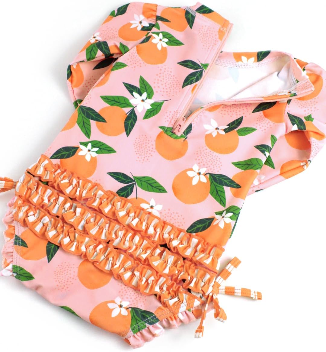 RuffleButts Baby Girls UPF 50+ Sun Protection Novelty Print Long Sleeve One Piece Rash Guard Swimsuit with Zipper