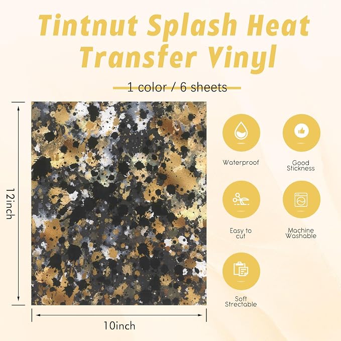 Tintnut Black Gold Splash Heat Transfer Vinyl, stretch washable, works