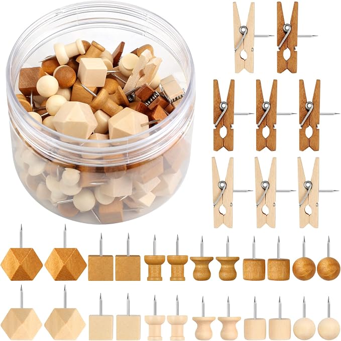 120Pcs Wooden Thumb Tacks, 7 Shapes Push Pins