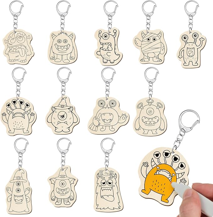 RattanView 24 Pcs Monster Craft Color Your Own Keychains Diy Craft Wooden Blank