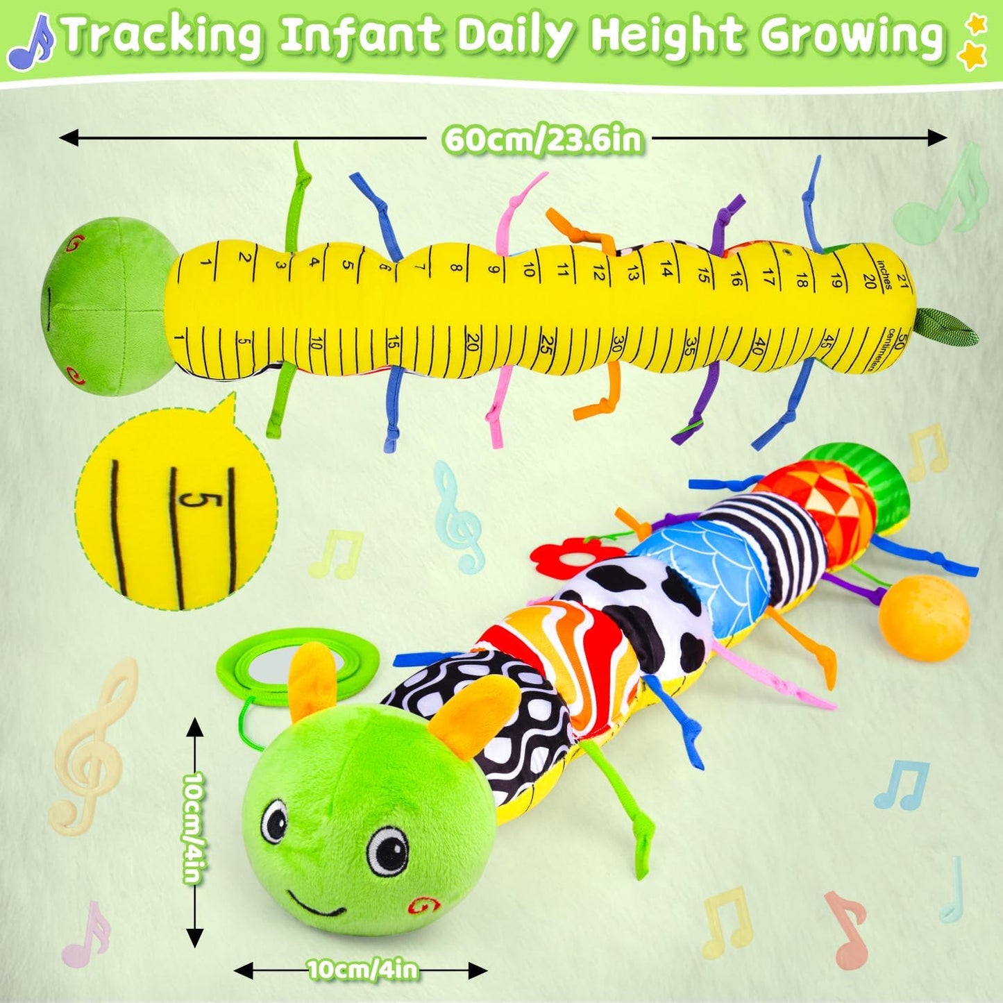 Baby Toys 0-6 6-12 Months, Stuffed Animal Infant Tummy Time Toys Sensory Toys with Crinkle, Rattles, Textures and Mirror Gifts for Newborn Boy Girls Toddlers, Caterpillar Musical Toy (Green)